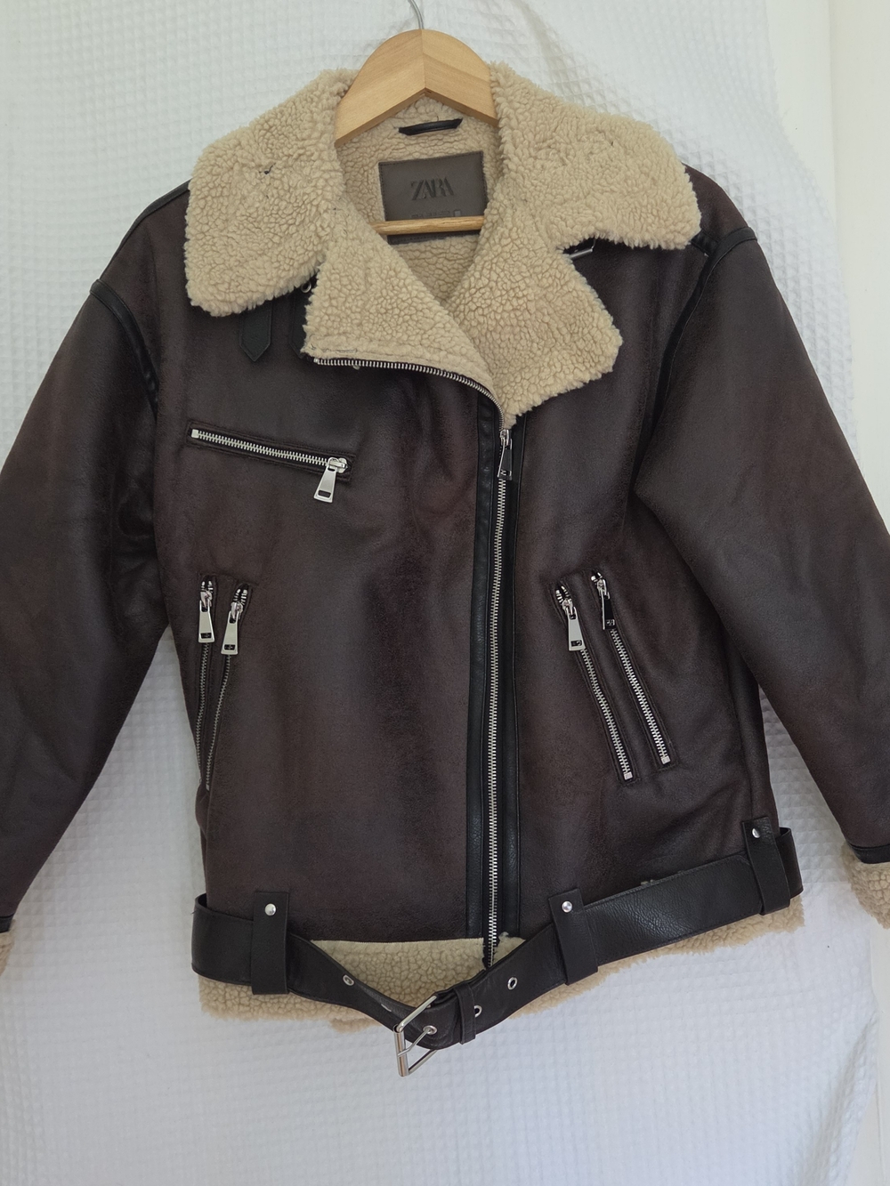 Zara Double-Faced Faux Leather Aviator Biker Jacket - Brown/Cream-XS, Excellent